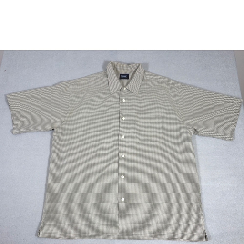 Haggar Collections Mens XL Short Sleeve Button Up Shirt Micro Check Tan Beige